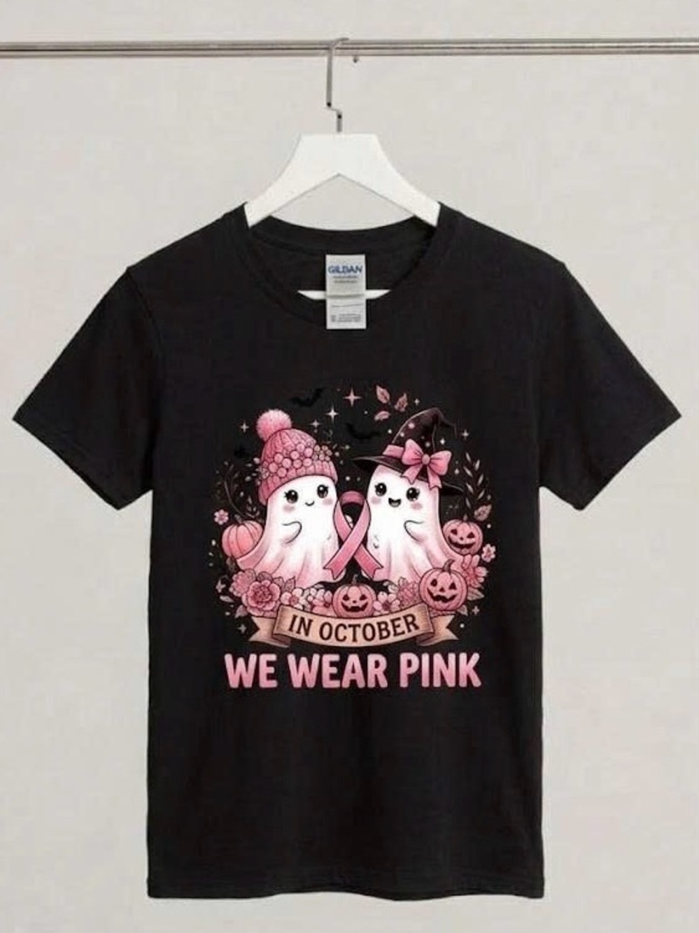 In October We Wear Pink Ghost Breast Cancer Halloween T-Shirt